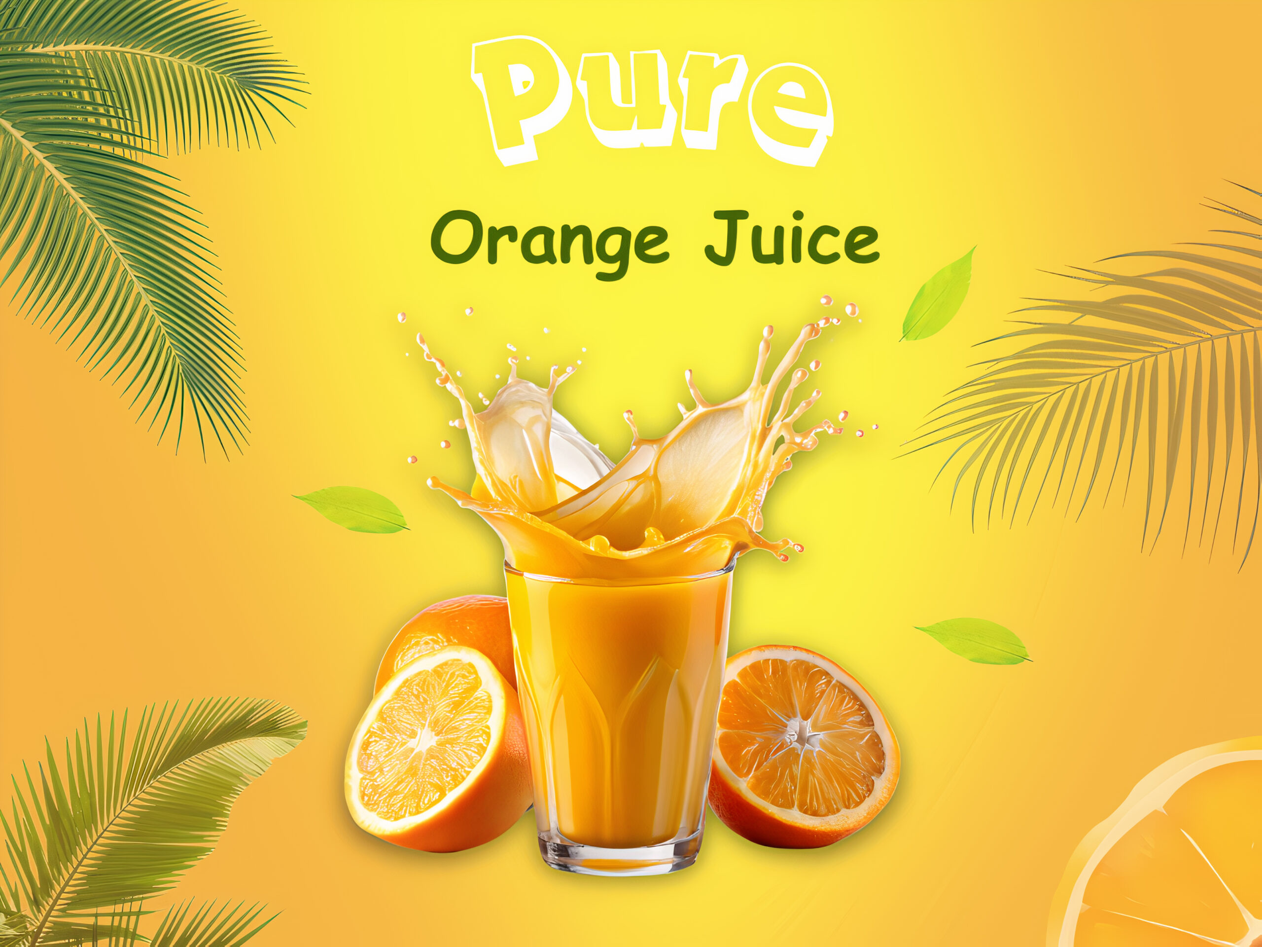 A glass of pure orange juice with splashing effect, surrounded by fresh oranges and green leaves on a vibrant yellow background