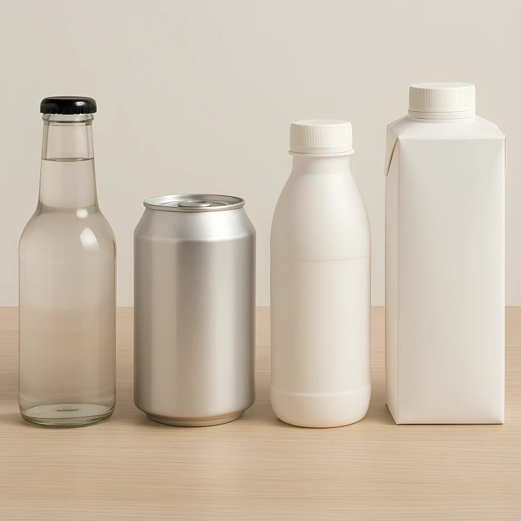 A lineup of beverage packaging types including a glass bottle, aluminum can, plastic bottle, and Tetra Pak on a plain background