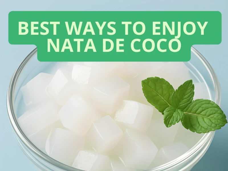 A glass bowl of nata de coco cubes with mint leaves on top, showcasing the best ways to enjoy nata de coco at home