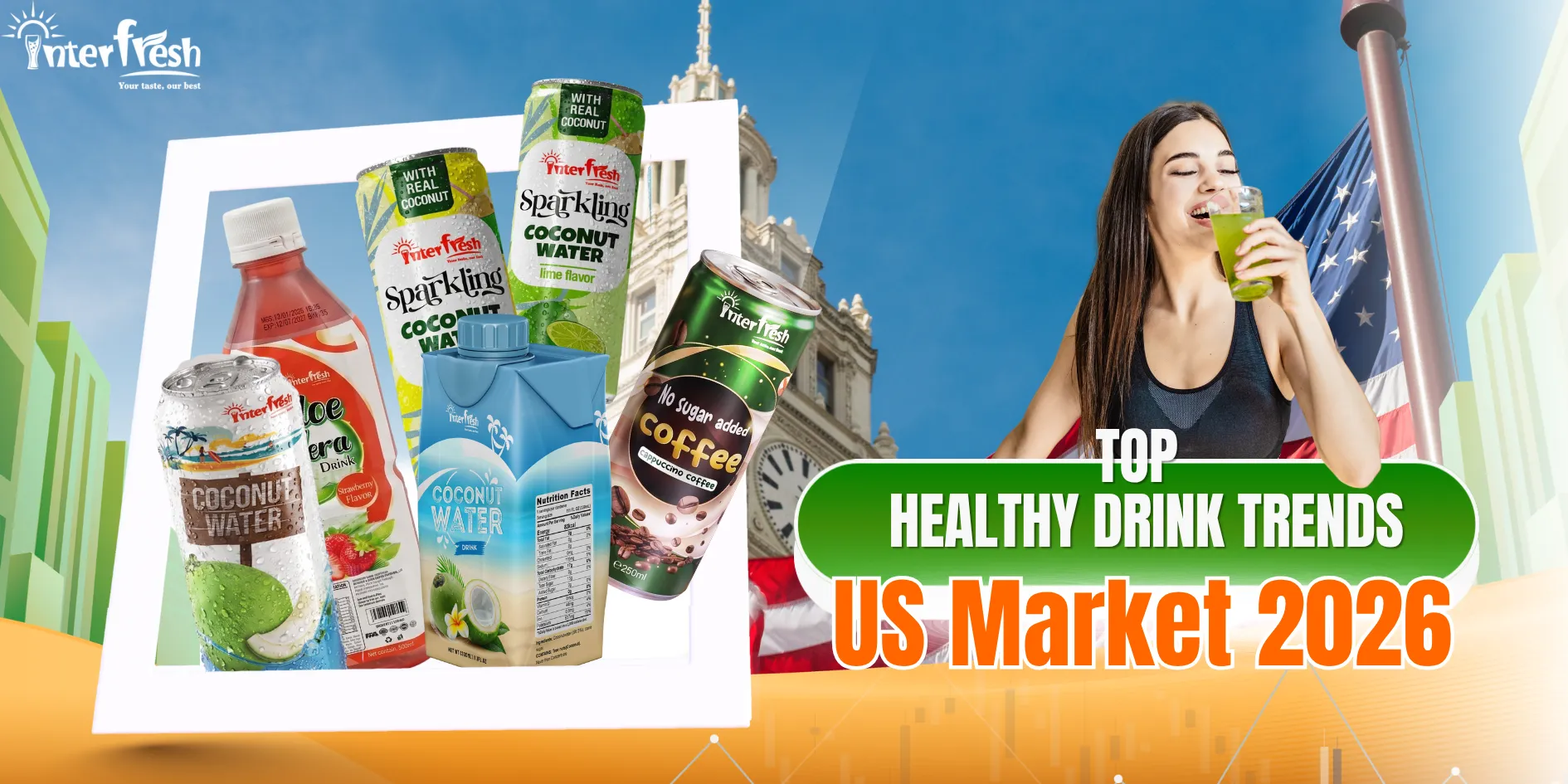 Top healthy drink trends US market 2026 featuring vibrant coconut water, aloe vera drinks, and tropical fruit beverages on a modern retail shelf