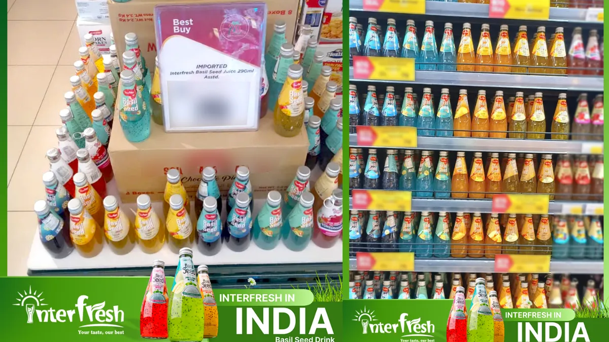 Basil seed drink products on supermarket shelf in India