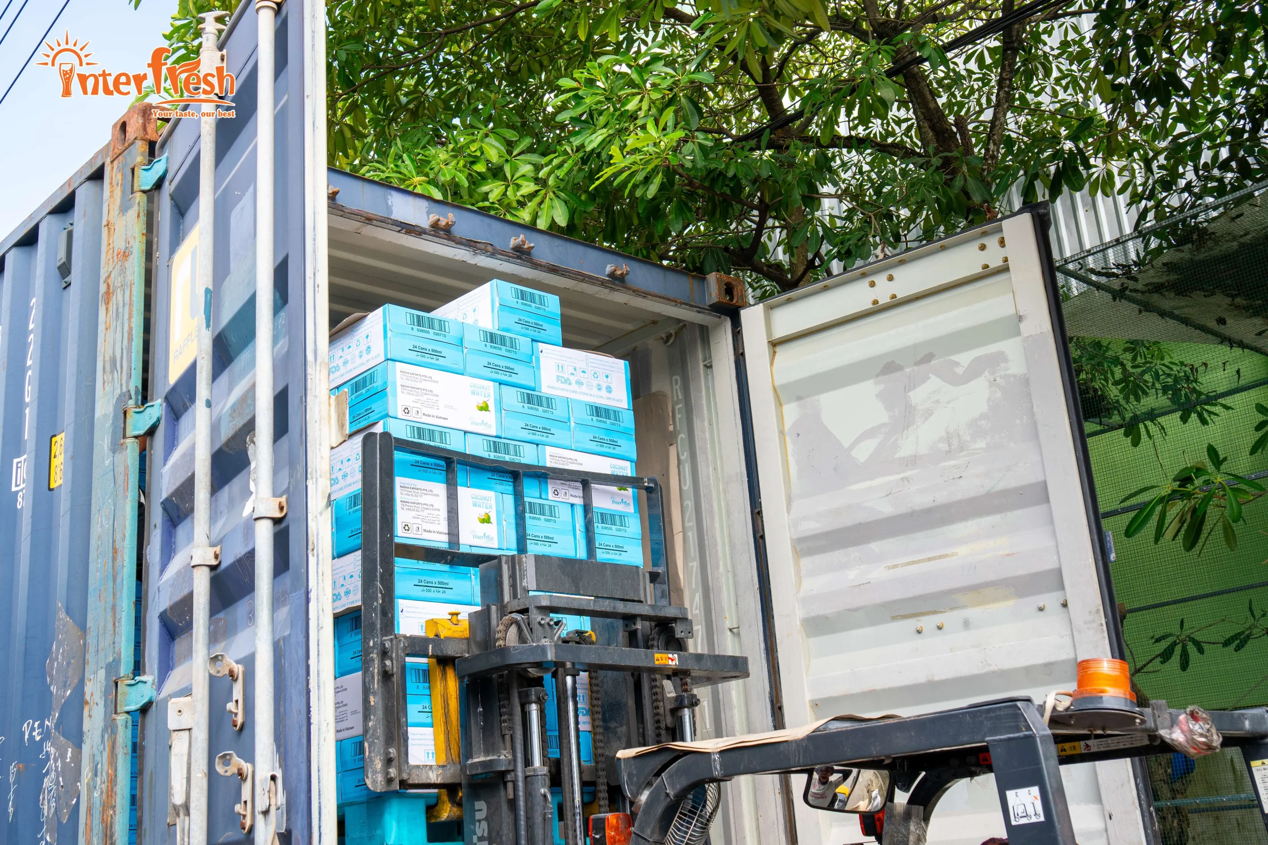 Bulk Interfresh coconut water OEM products loaded into shipping container ready for global export to USA, Australia and Europe