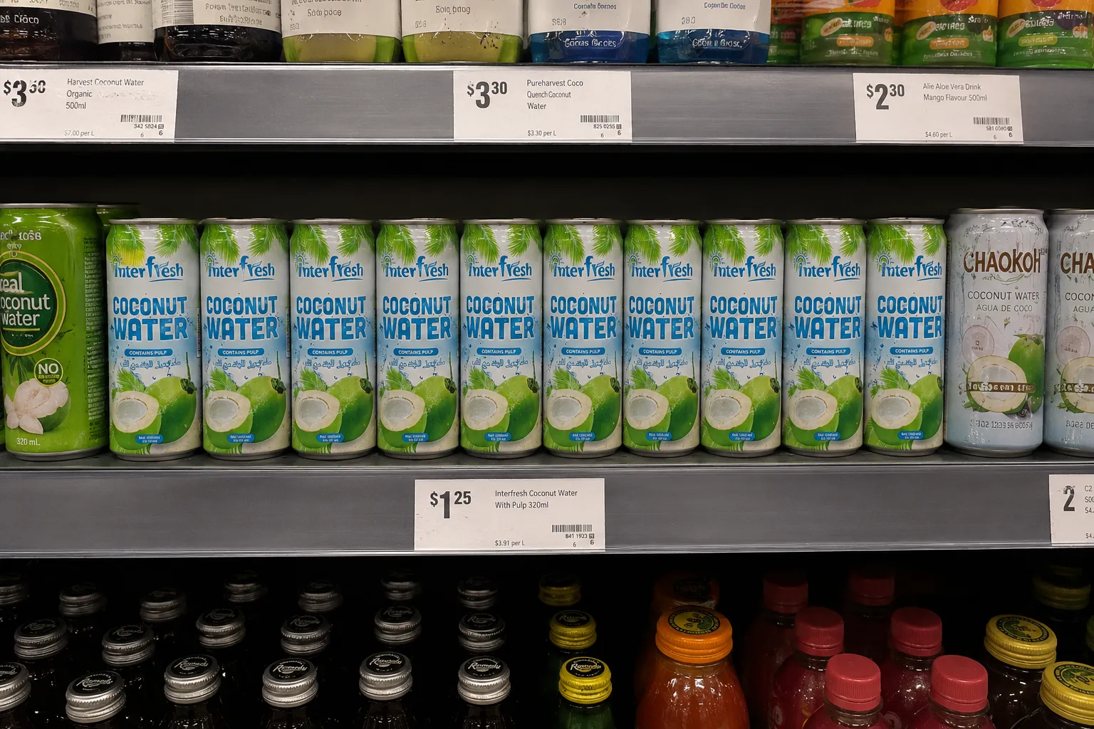 Coconut Water 320ml Can OEM Manufacturer Vietnam: Private Label & Bulk Supplier for Global Markets 2 320ml coconut water cans displayed at Australia supermarket