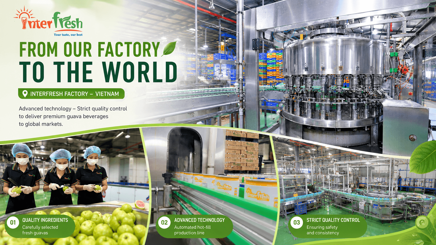 Interfresh beverage production line at factory — guava juice OEM Vietnam filling and packaging facility