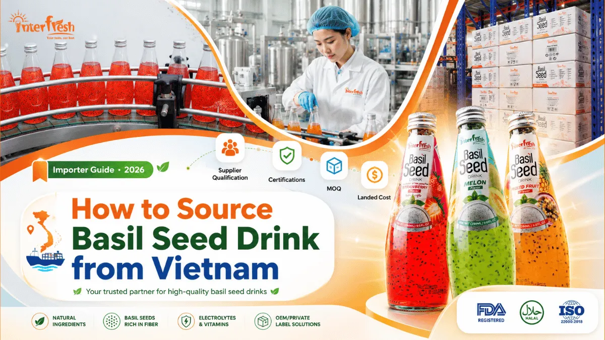 Basil seed drink bottles on factory production line, Vietnam beverage export