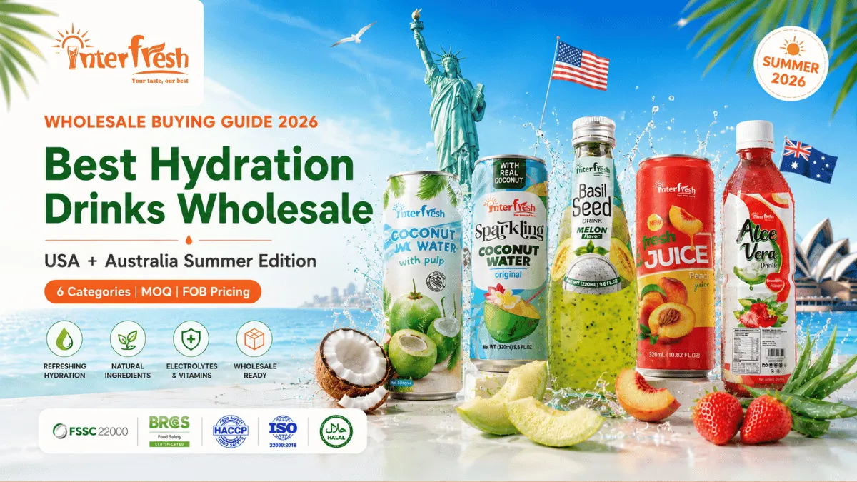Hydration drinks wholesale 2026: coconut water, aloe vera, and electrolyte drinks arranged for bulk export