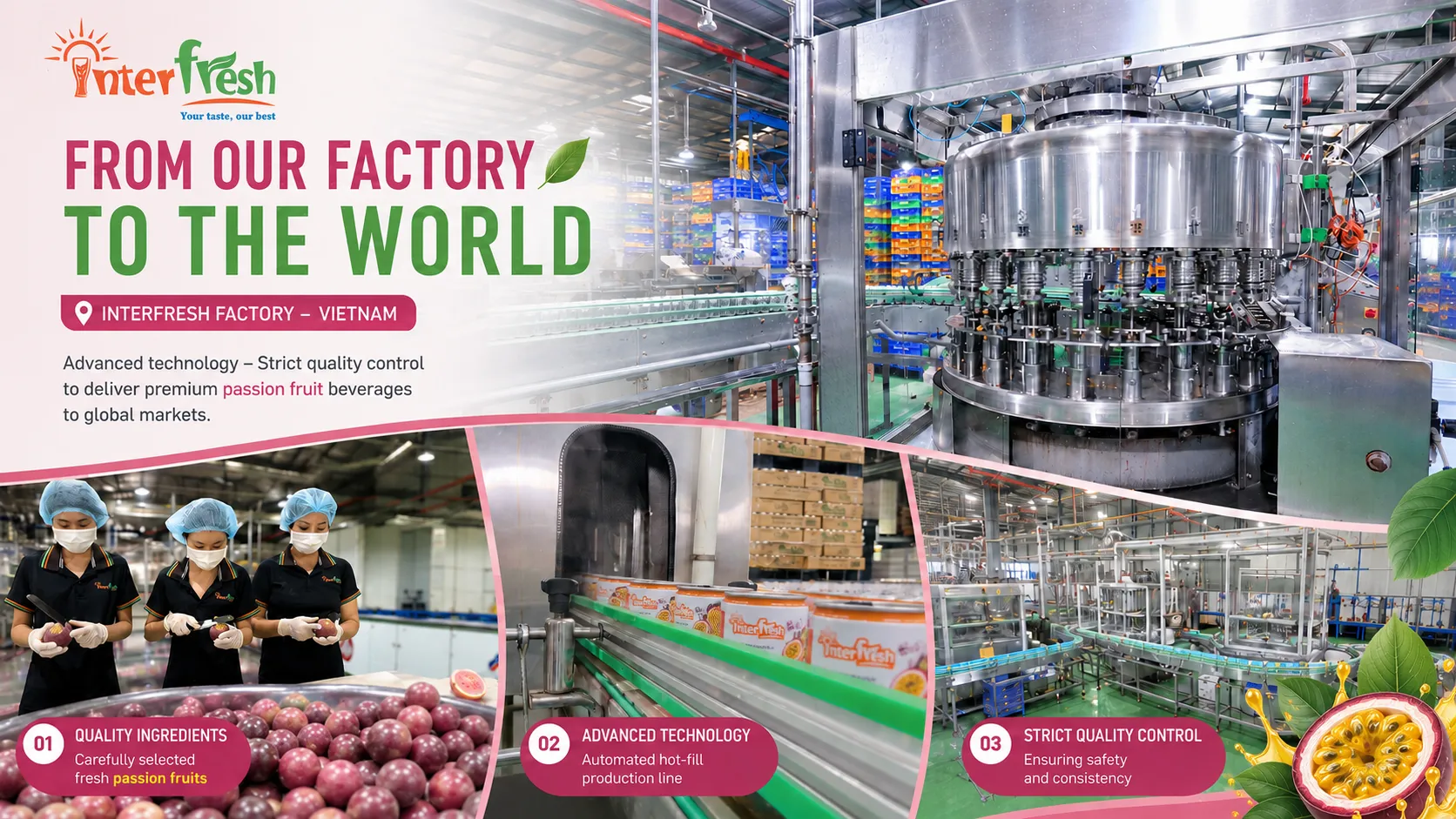Interfresh beverage production line at factory — passion juice OEM Vietnam filling and packaging facility
