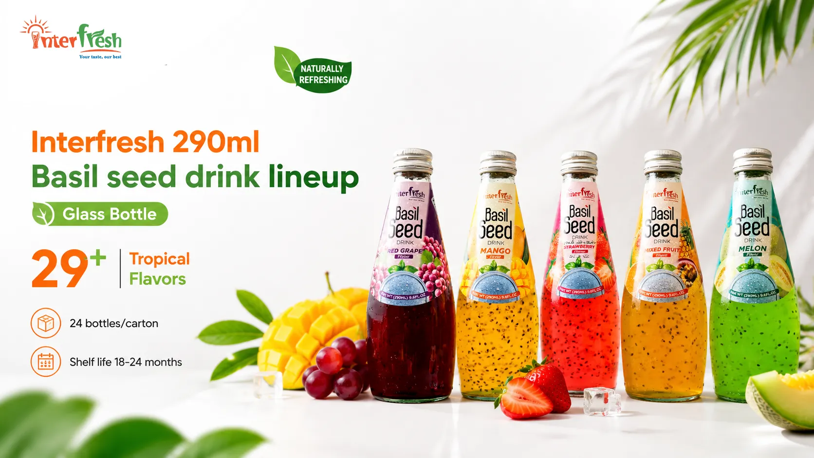 29+ flavors of private label basil seed drink 290ml glass format