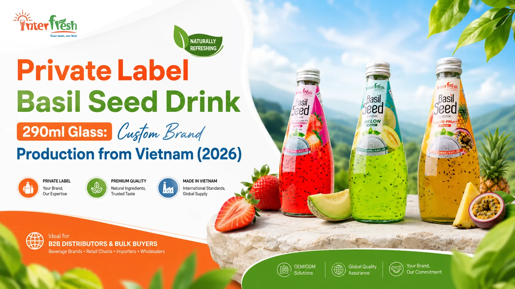 Private label basil seed drink 290ml glass bottle, OEM production Vietnam