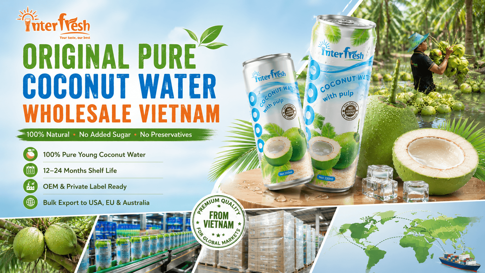 Original pure coconut water wholesale Vietnam 100% natural young coconut water bulk supply