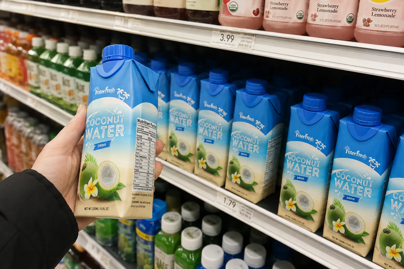 Tetra Pak Coconut Water Manufacturer Vietnam: Premium OEM & Wholesale Supplier for EU and USA Markets 2 Tetra Pak coconut water on retail shelf in USA supermarket Whole Foods