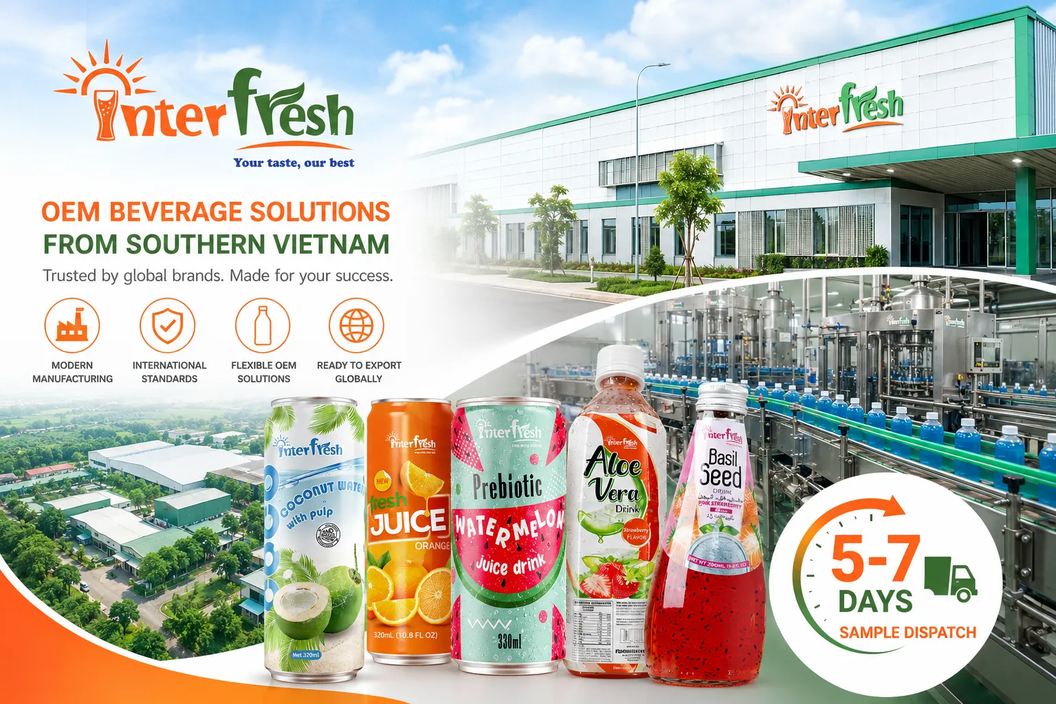 Vietnam vs China OEM Beverage 2026: Full Comparison on Cost, Quality, MOQ and Certification 3 Interfresh OEM beverage factory in Southern Vietnam