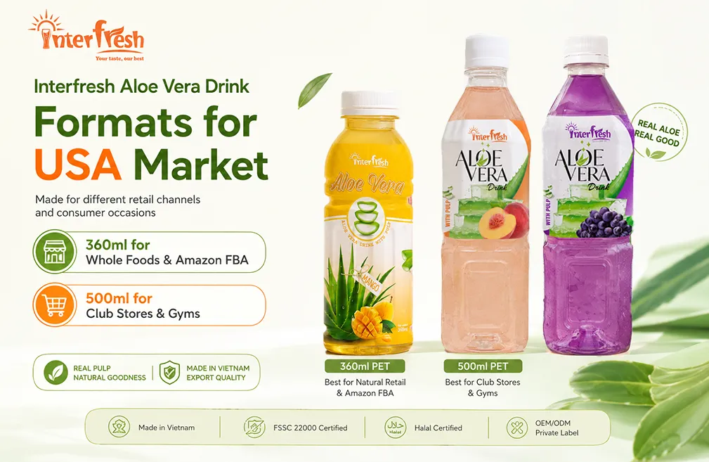 Interfresh aloe vera drink in 360ml PET, 500ml PET for US market import