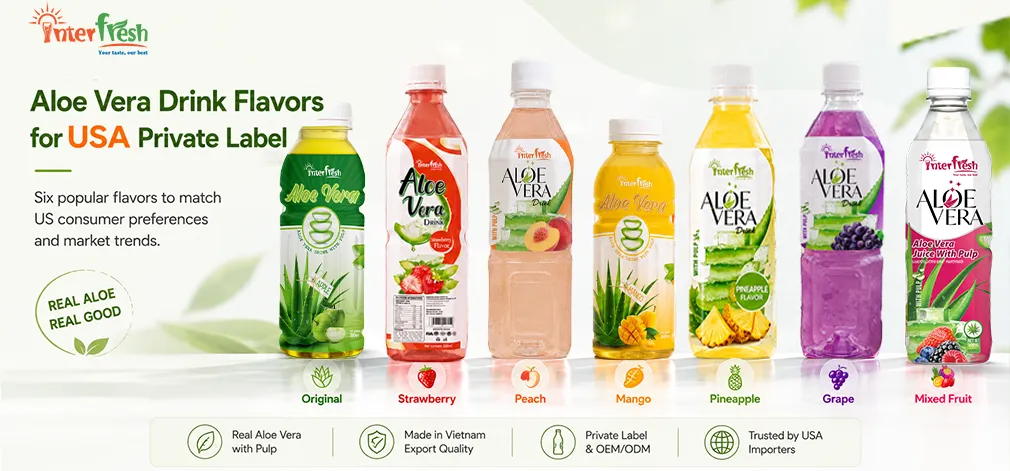 Interfresh aloe vera drink flavors for USA private label: Strawberry, Pomegranate, Guava, Pineapple