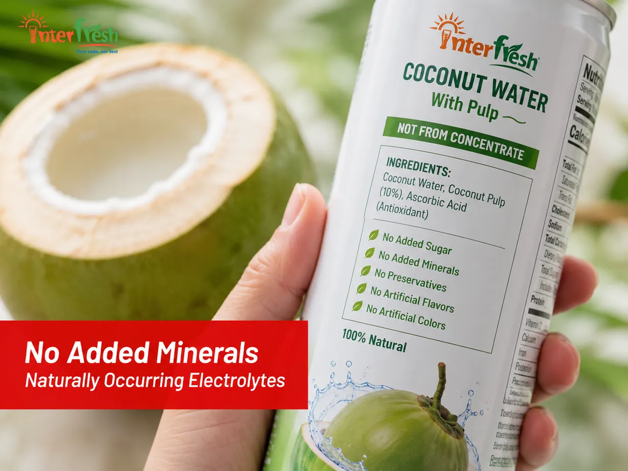 Benefits of Coconut Water for Beverage Brands, Why Buyers Love It 1 Clean ingredient label on coconut water supporting a natural electrolyte claim