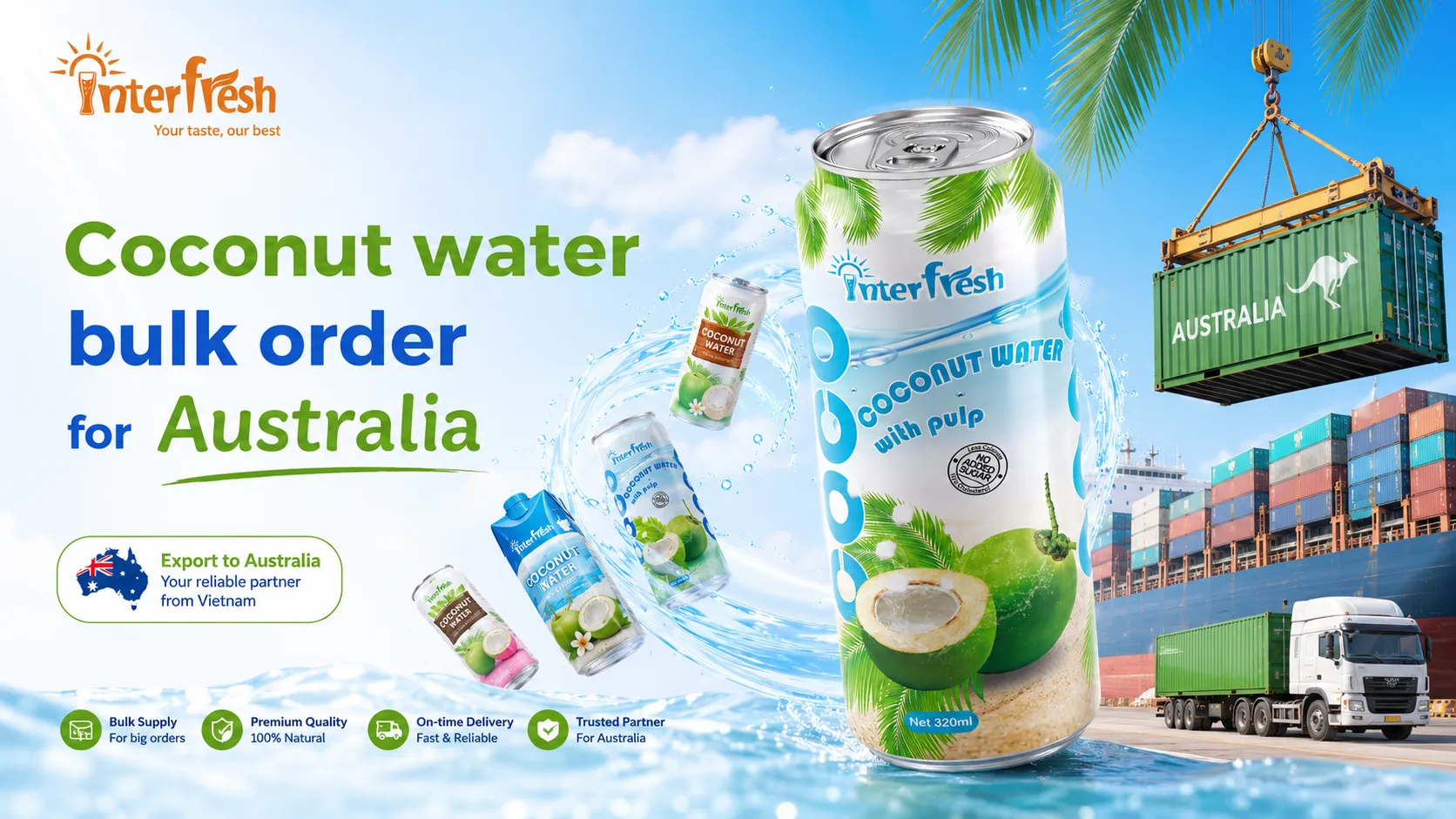 Coconut water bulk order container loading for Australia at Vietnam port