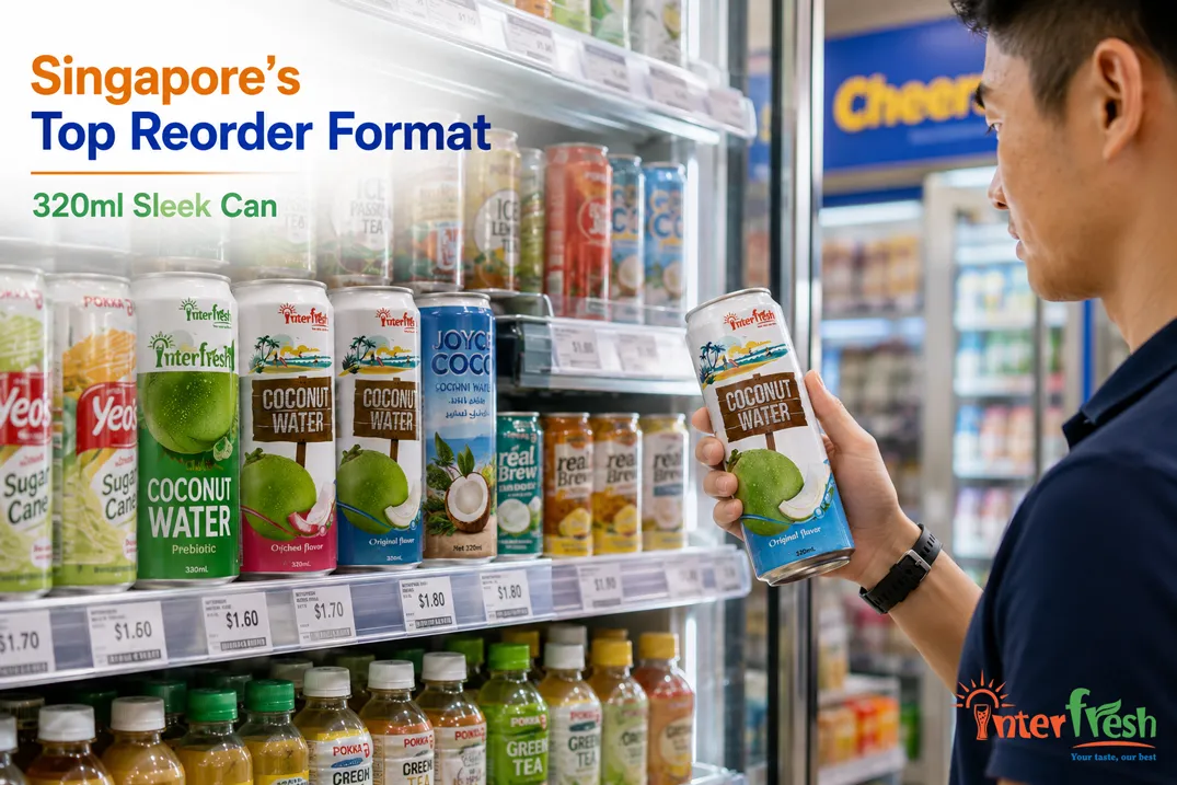320ml sleek can coconut water in a Singapore convenience store setting