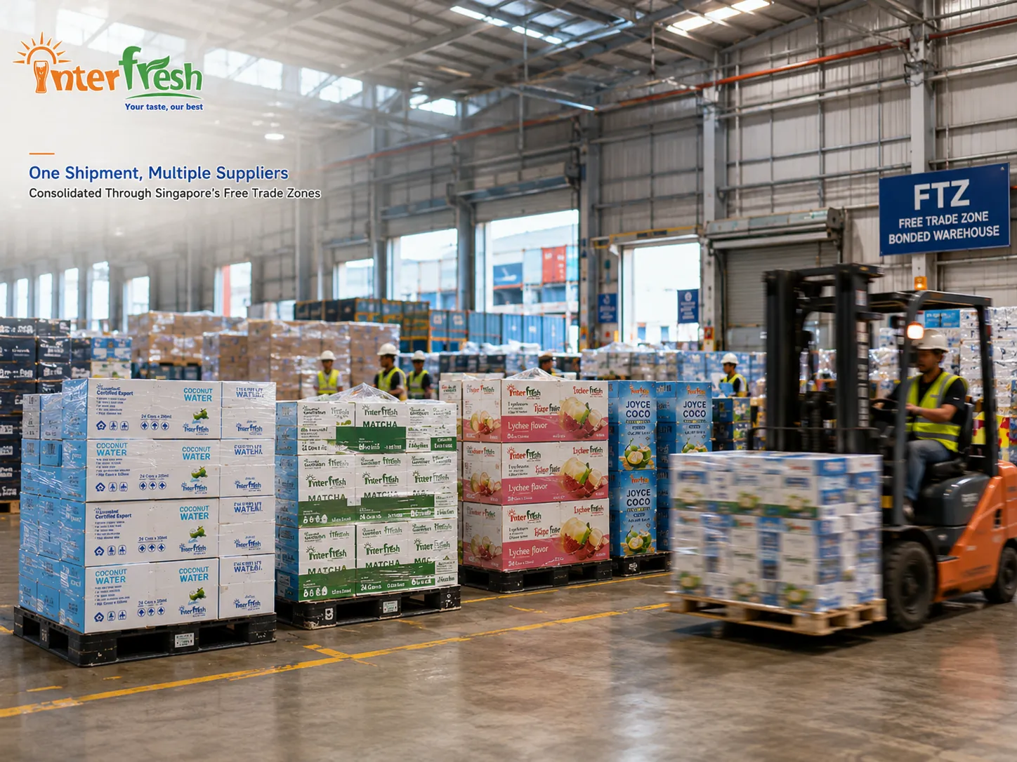 Free Trade Zone warehouse consolidating coconut water shipments in Singapore