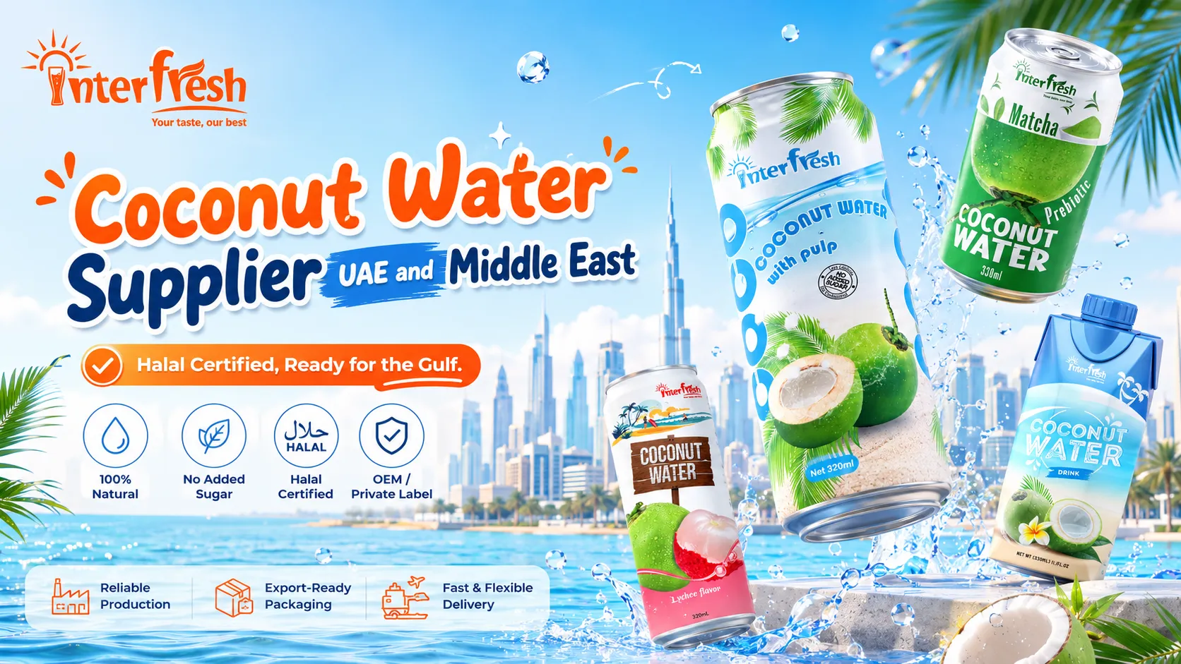 Halal certified coconut water supplier for UAE and Middle East distributors
