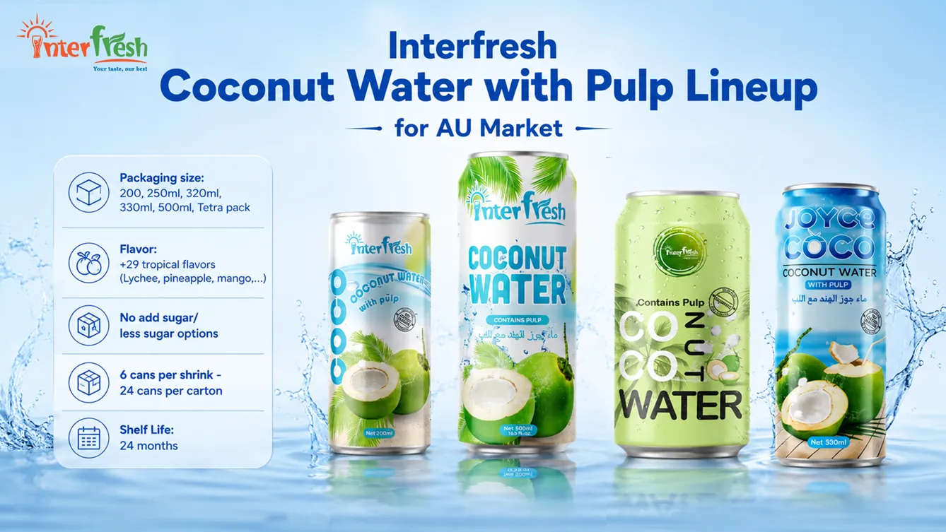 Coconut Water with Pulp Supplier: OEM and Private Label Manufacturing in Vietnam for Australian Distributors 2 Interfresh Coconut Water with Pulp Lineup for AU Market