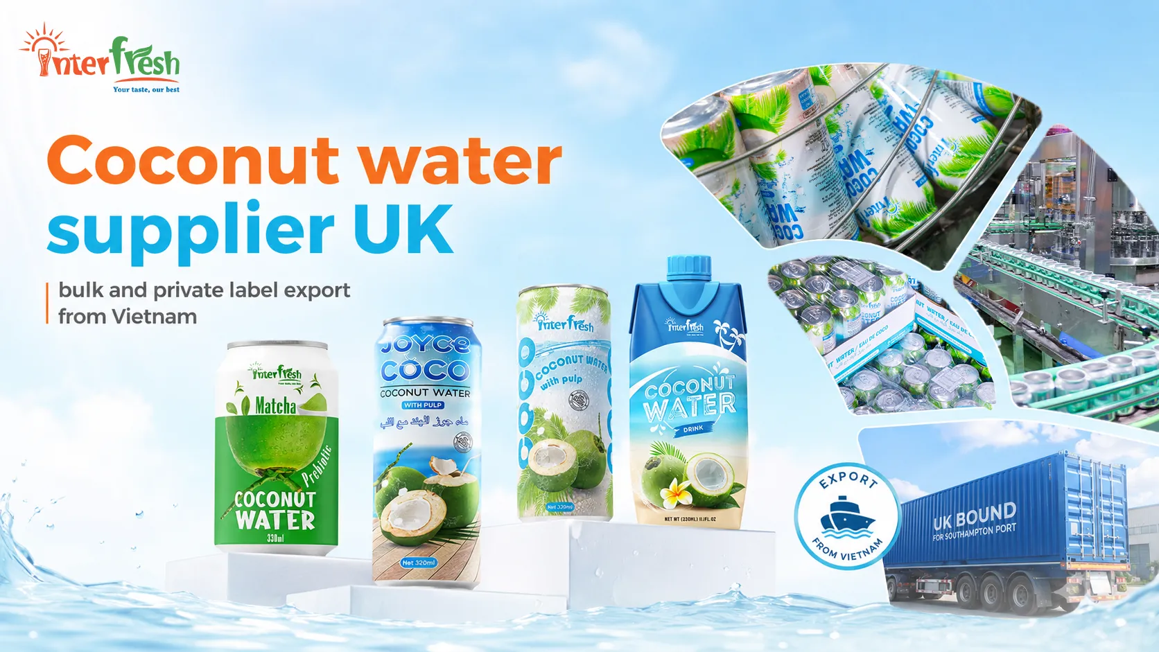 Coconut water supplier UK, bulk and private label export from Vietnam