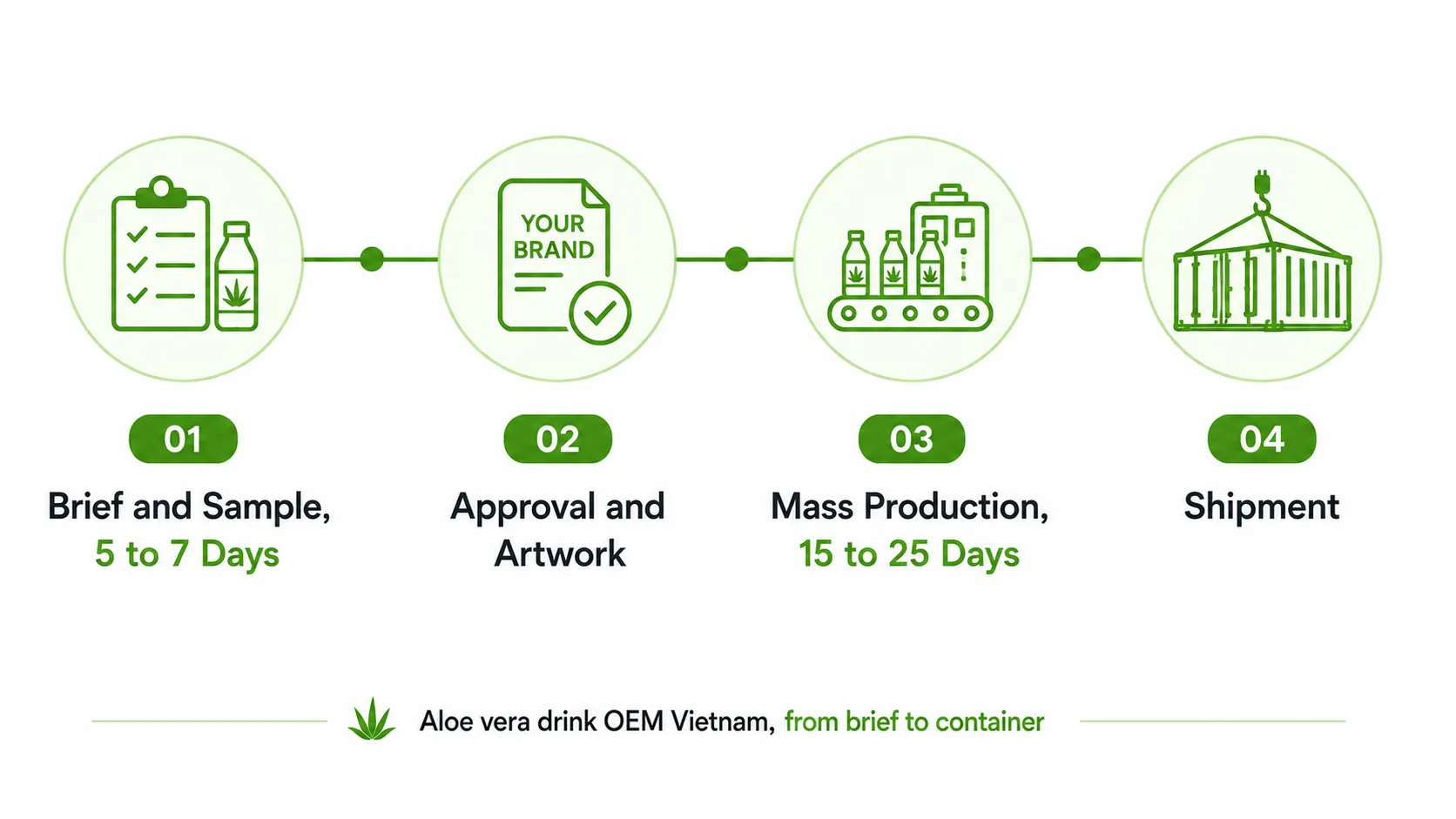Aloe vera drink OEM Vietnam process, from brief to container shipment.
