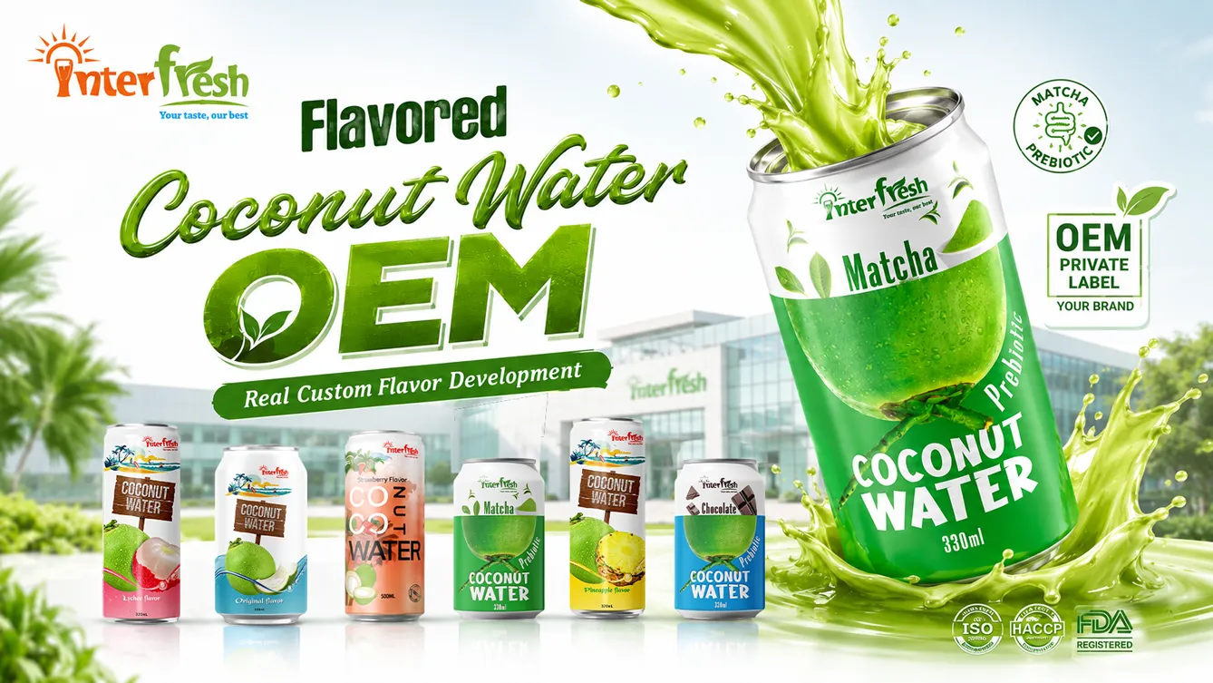 Flavored coconut water OEM manufacturers Vietnam, matcha, tropical and pulp variants