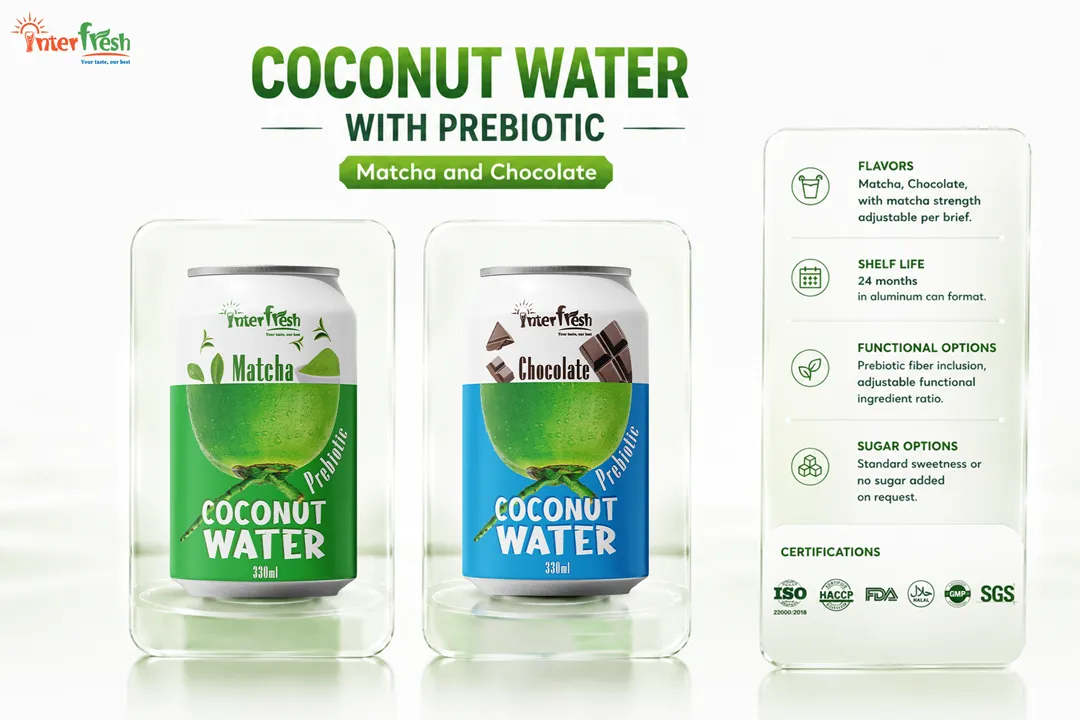 Flavored Coconut Water OEM: Custom Flavor Development in Vietnam for Global Distributors 2 Interfresh flavored coconut water categories, prebiotic, tropical and pulp