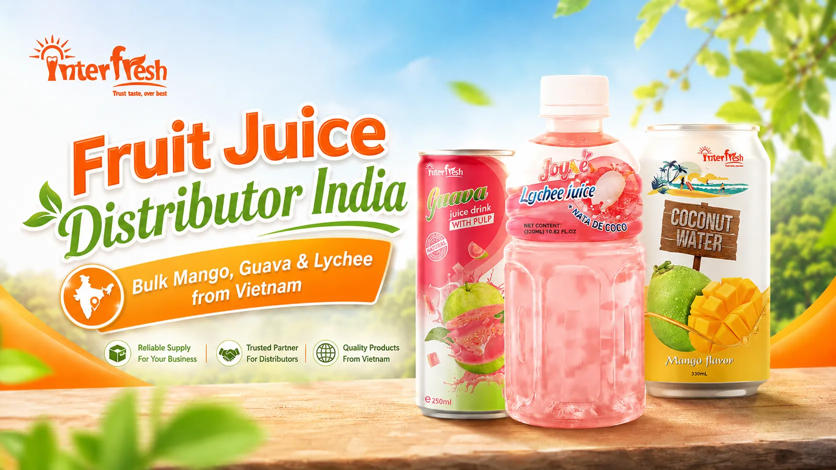 Alt: Three bulk fruit juice bottles — mango, guava, and lychee — for wholesale import from Vietnam to India
