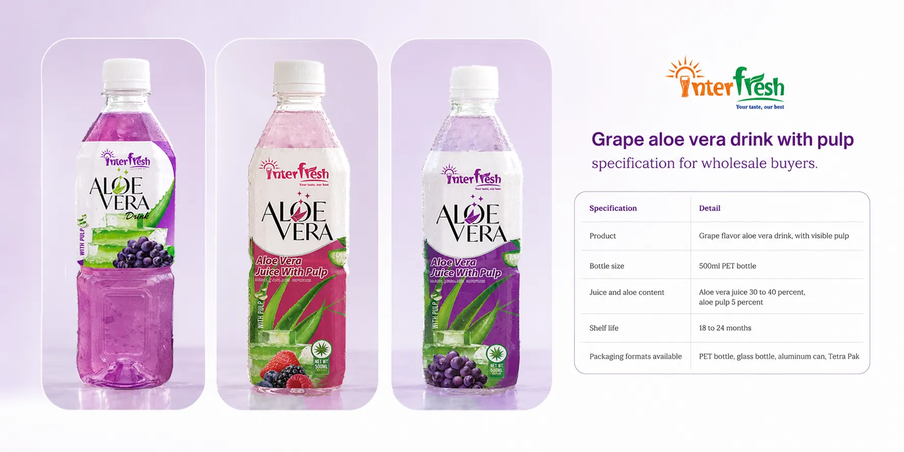 Interfresh Grape aloe vera drink export with pulp specification for wholesale buyers.