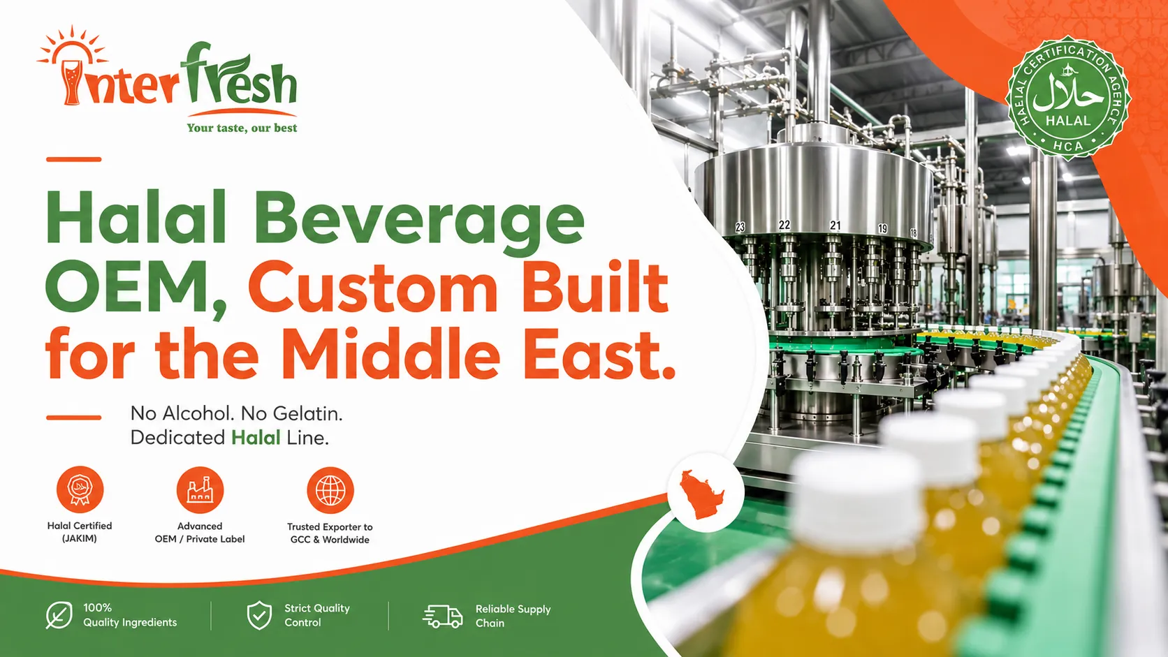 Halal beverage OEM manufacturer Vietnam production line for Middle East brands with segregated halal filling equipment and export packaging