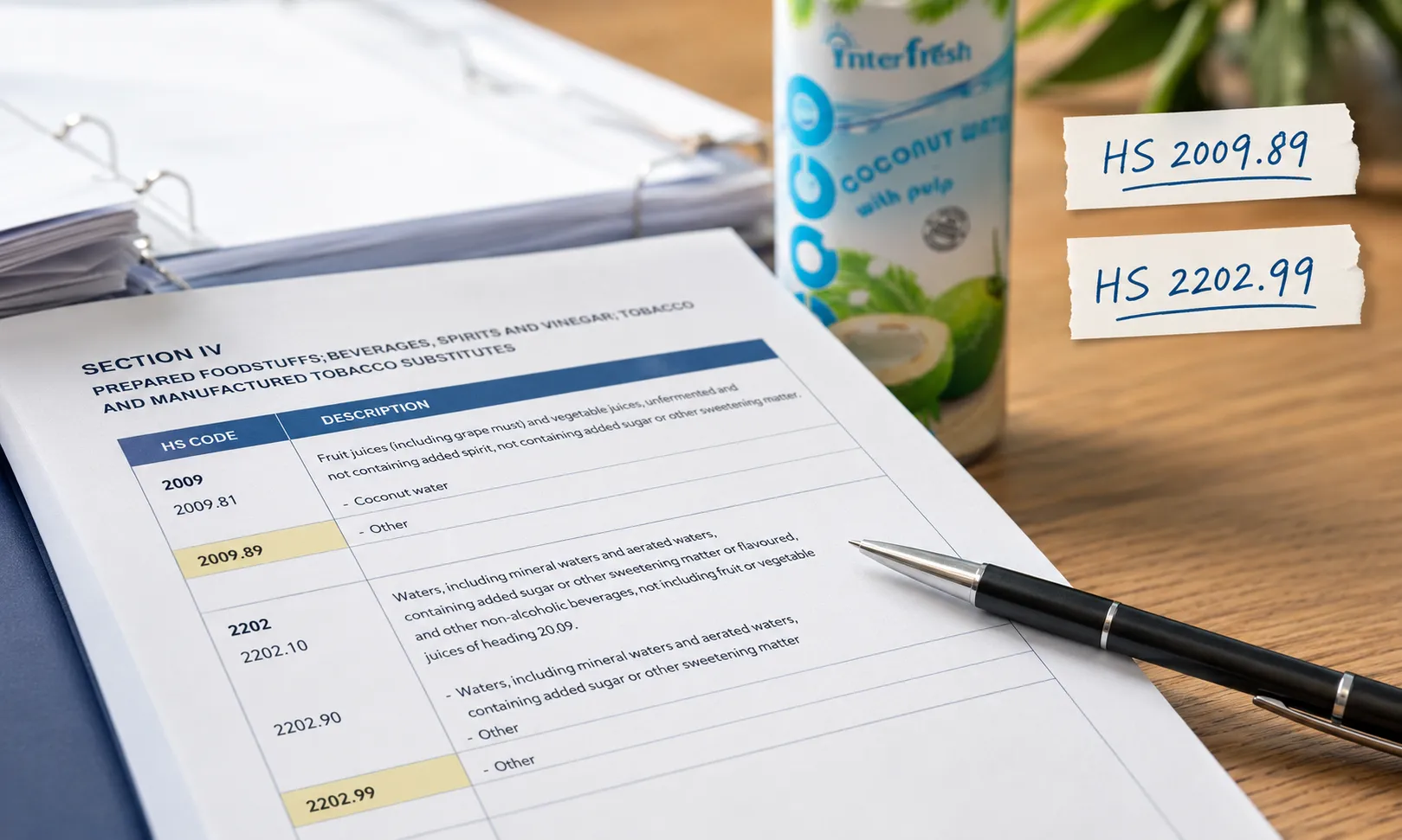 HS code classification for pure and flavored coconut water