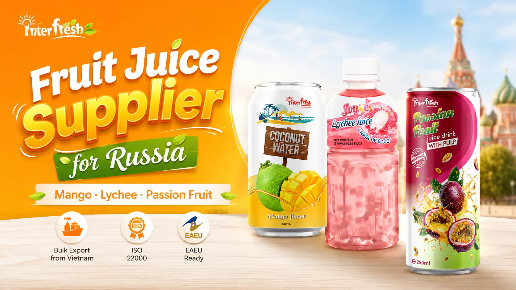 Bulk tropical fruit juice bottles — mango, lychee, and passion fruit — for wholesale import from Vietnam to Russia