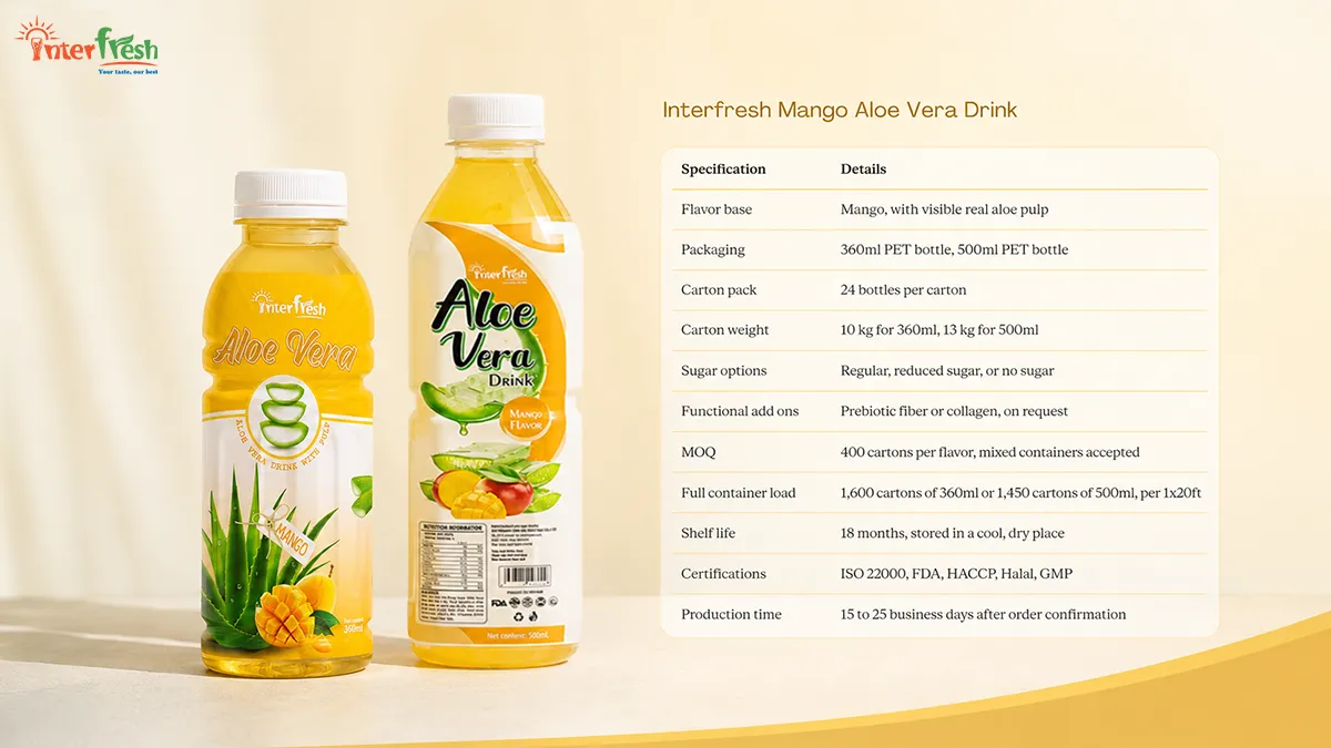 Mango aloe vera juice 360ml and 500ml PET bottles with visible aloe pulp