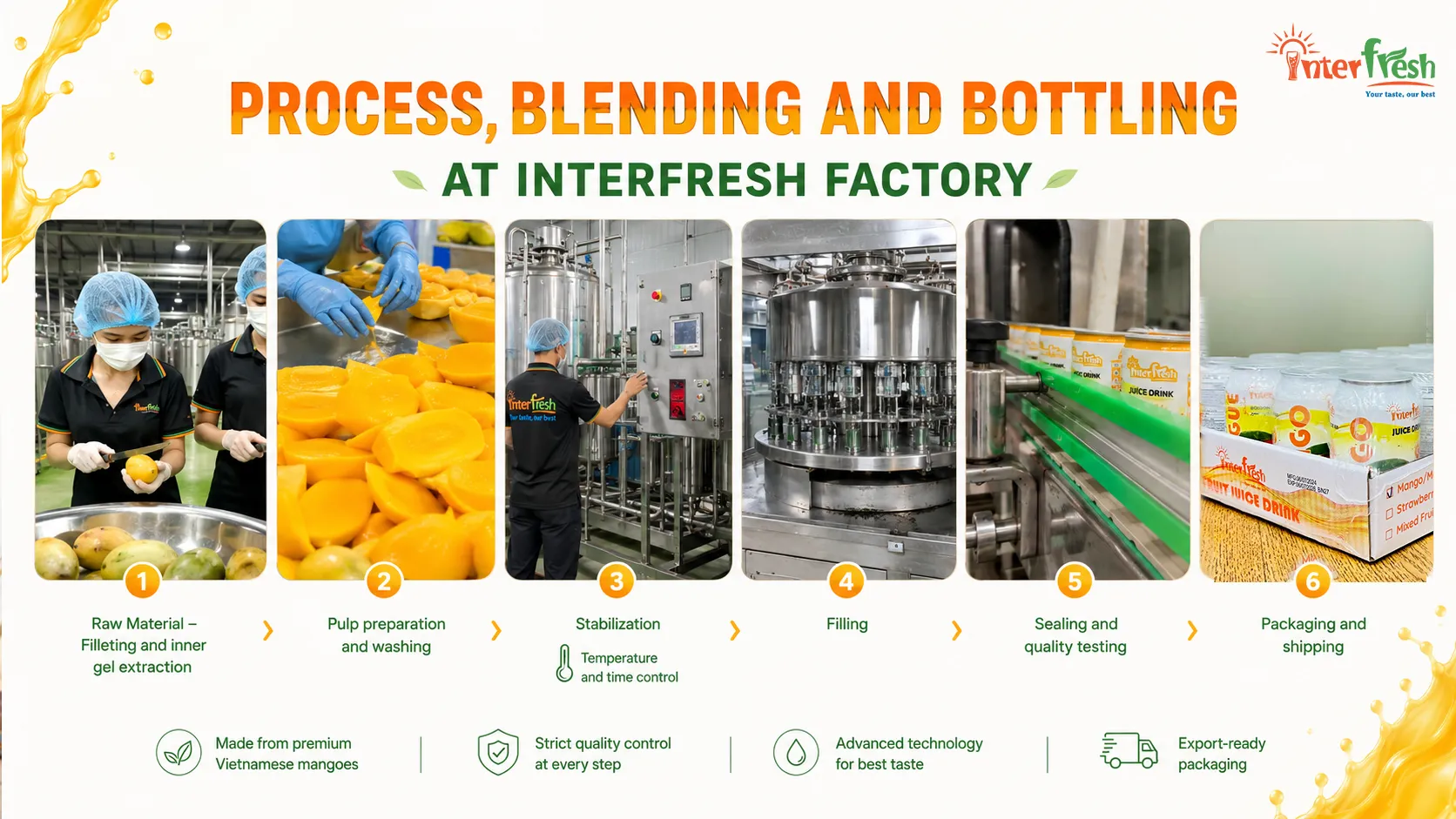 Mango juice pulping and pasteurizing process at Interfresh factory