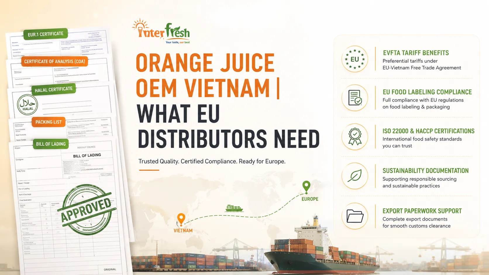 EU orange juice import requirements: EVFTA tariff, EUR.1 certificate, BRC audit, label compliance