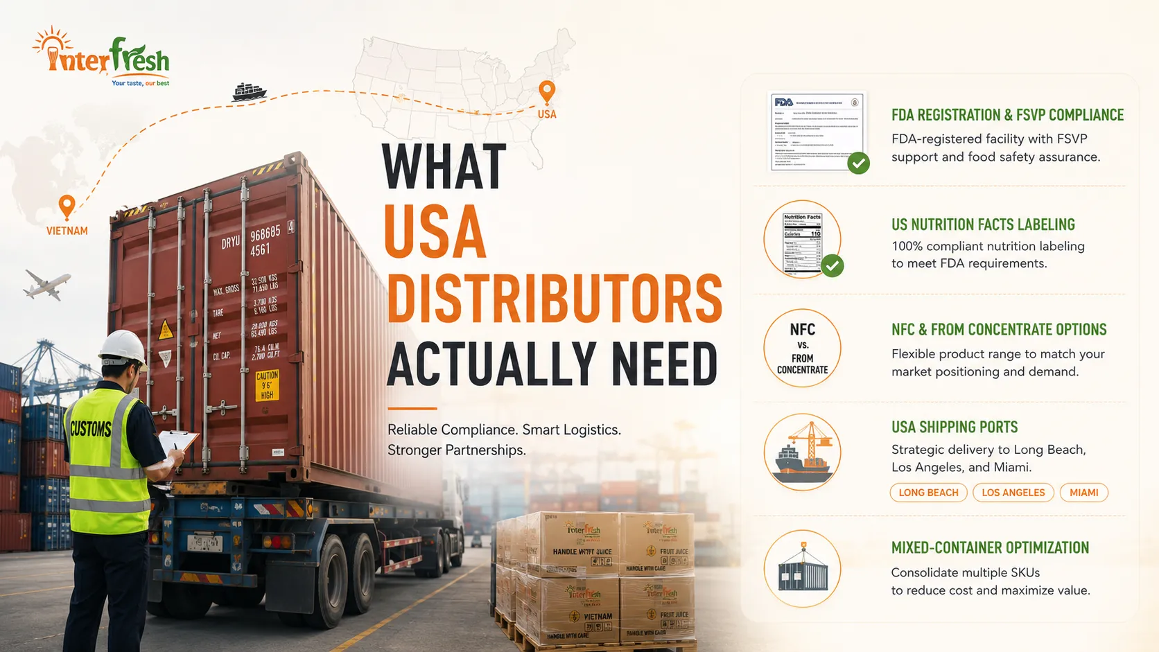 USA FDA and FSMA compliance checklist for importing orange juice OEM from Vietnam via Interfresh