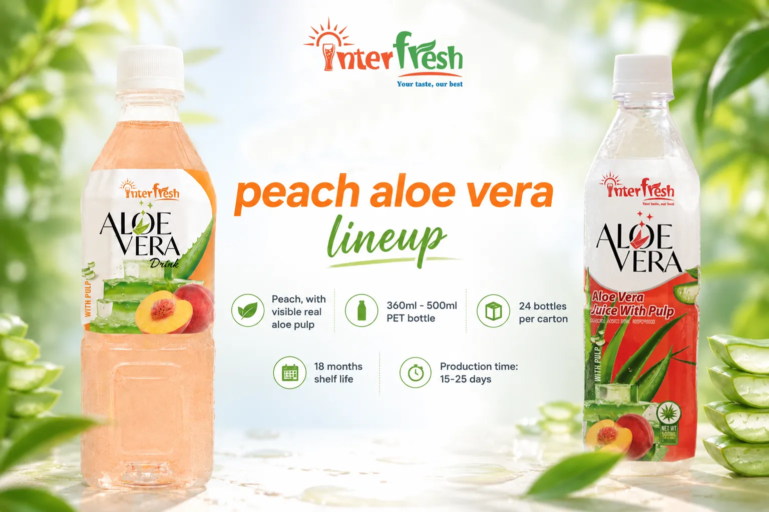 Peach Aloe Vera Juice Wholesale: OEM Manufacturer Vietnam 1 Peach aloe vera juice 360ml and 500ml PET bottles with visible aloe pulp