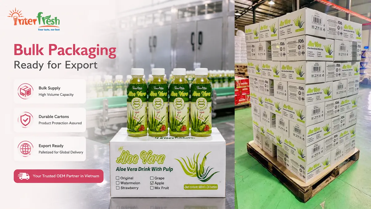 Strawberry Aloe Vera Drink Bulk: OEM and Private Label Supplier Vietnam 2026 14 Strawberry aloe vera drink cartons packed for bulk export