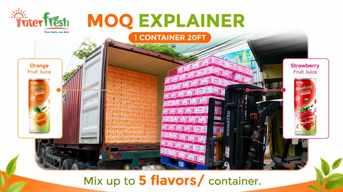 Interfresh wholesale fruit juice bulk MOQ — 400 trays per flavor equals 9,600 cans, mixed flavors allowed in one 20ft container