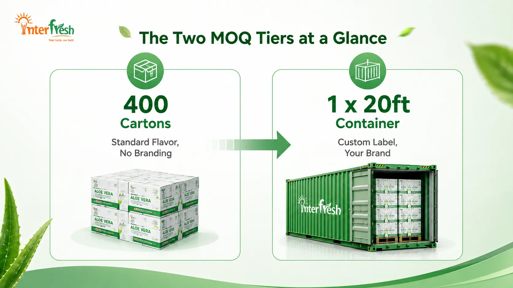 Aloe Vera Drink OEM MOQ Vietnam: A Distributor's Cost Breakdown 1 Aloe vera drink OEM MOQ comparison, 400 cartons standard flavor versus 20ft container custom label