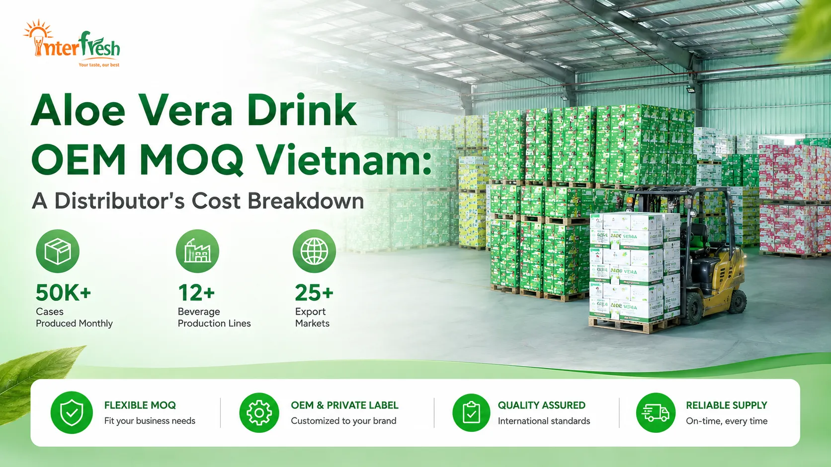 Aloe vera drink OEM MOQ Vietnam, carton pallets ready for FOB export at Interfresh factory