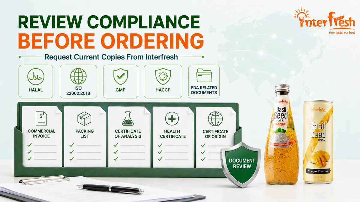 Wholesale basil seed drink supplier Asia compliance documents and certificates for importer review