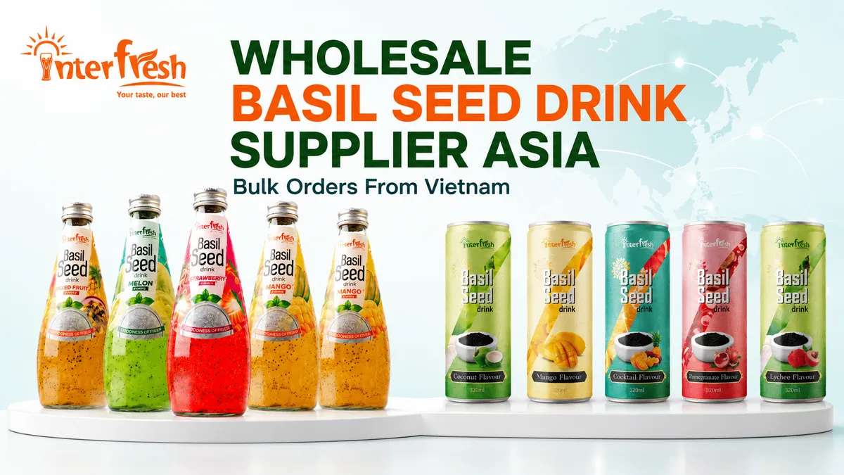 Interfresh wholesale basil seed drink supplier Asia product lineup with glass bottles and aluminum cans