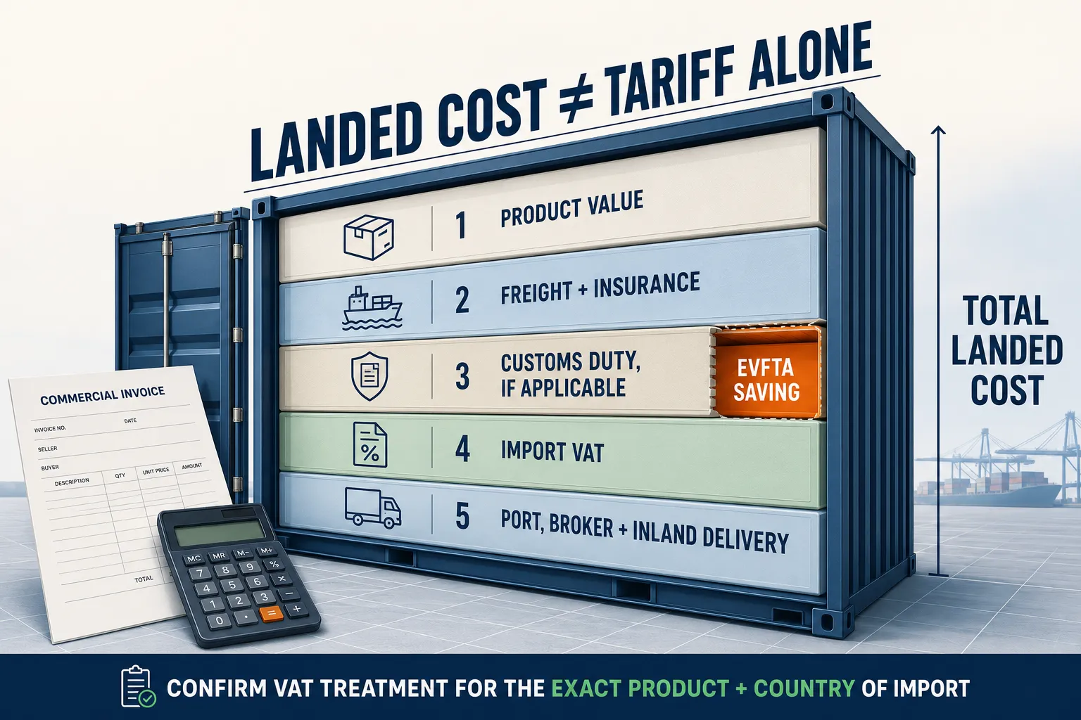 Beverages Exporter from Vietnam to Europe: The Complete EVFTA Zero Tariff Guide for EU Importers 4 Landed cost components for importing products from a beverage exporter from Vietnam to Europe.
