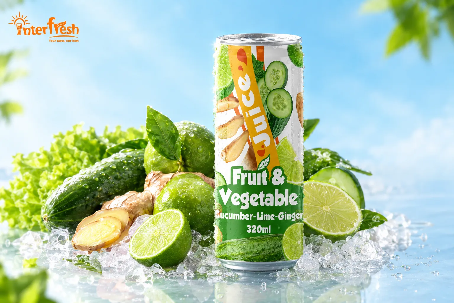 Interfresh cucumber lemon ginger blend, a low sugar juice drink alternative to homemade cucumber juice