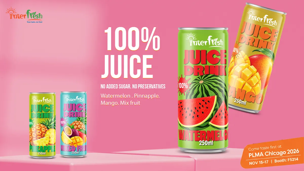100% NFC Fruit Juice Manufacturer: What We Bring to PLMA Chicago 2026 1 Interfresh 100% fruit juice range featuring watermelon, pineapple, mango and mixed fruit