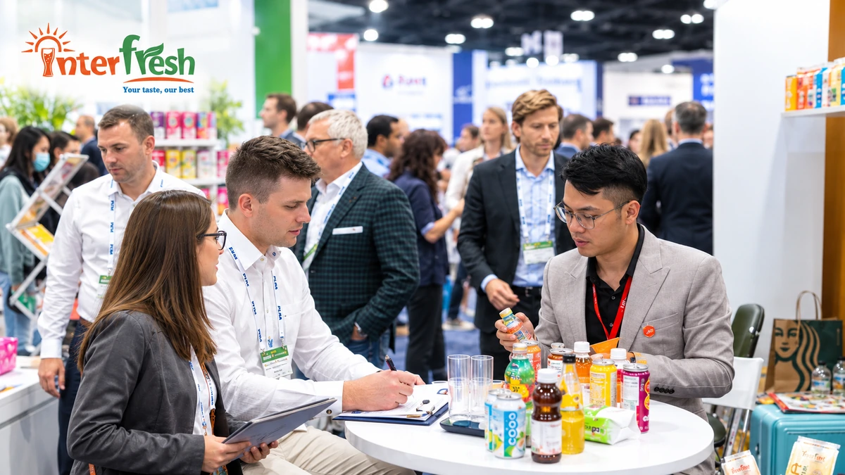 PLMA Chicago 2026: The Visitor's Guide to Dates, Registration & Sourcing 3 Buyer tasting beverage samples at an exhibitor booth during a private label trade show