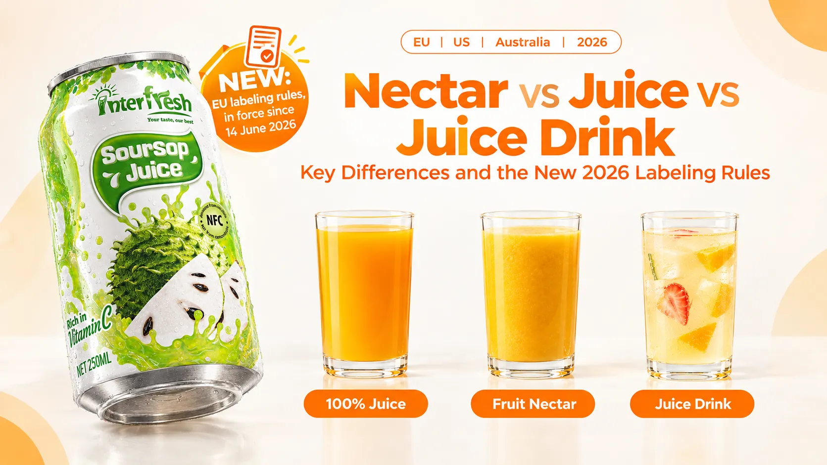 Nectar vs juice compared side by side, with a badge for the new 2026 EU labeling rules.